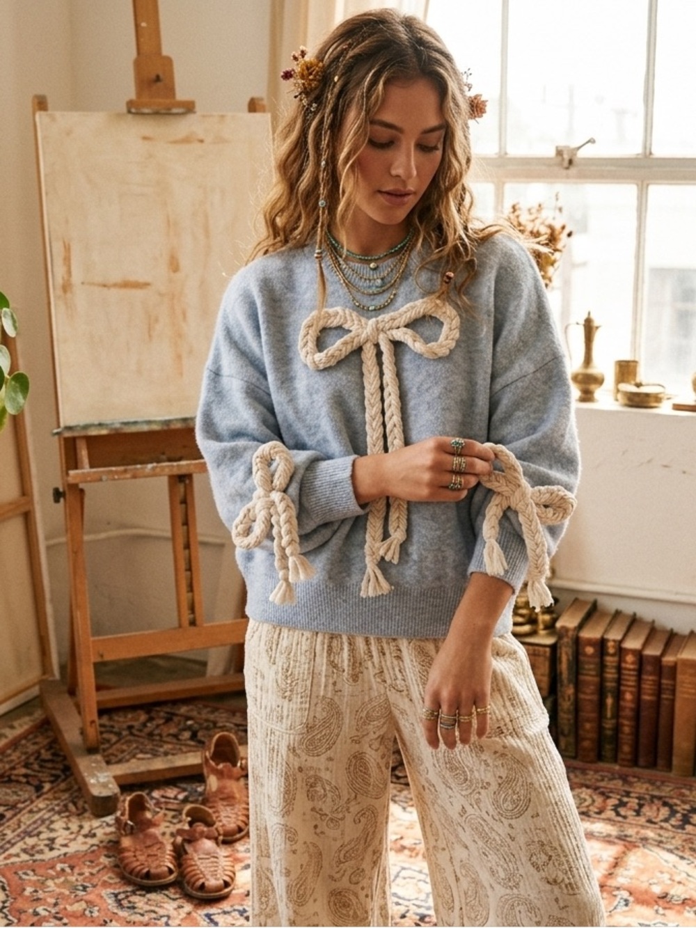 Cozy Light Blue Rope-Bow Crewneck Sweater